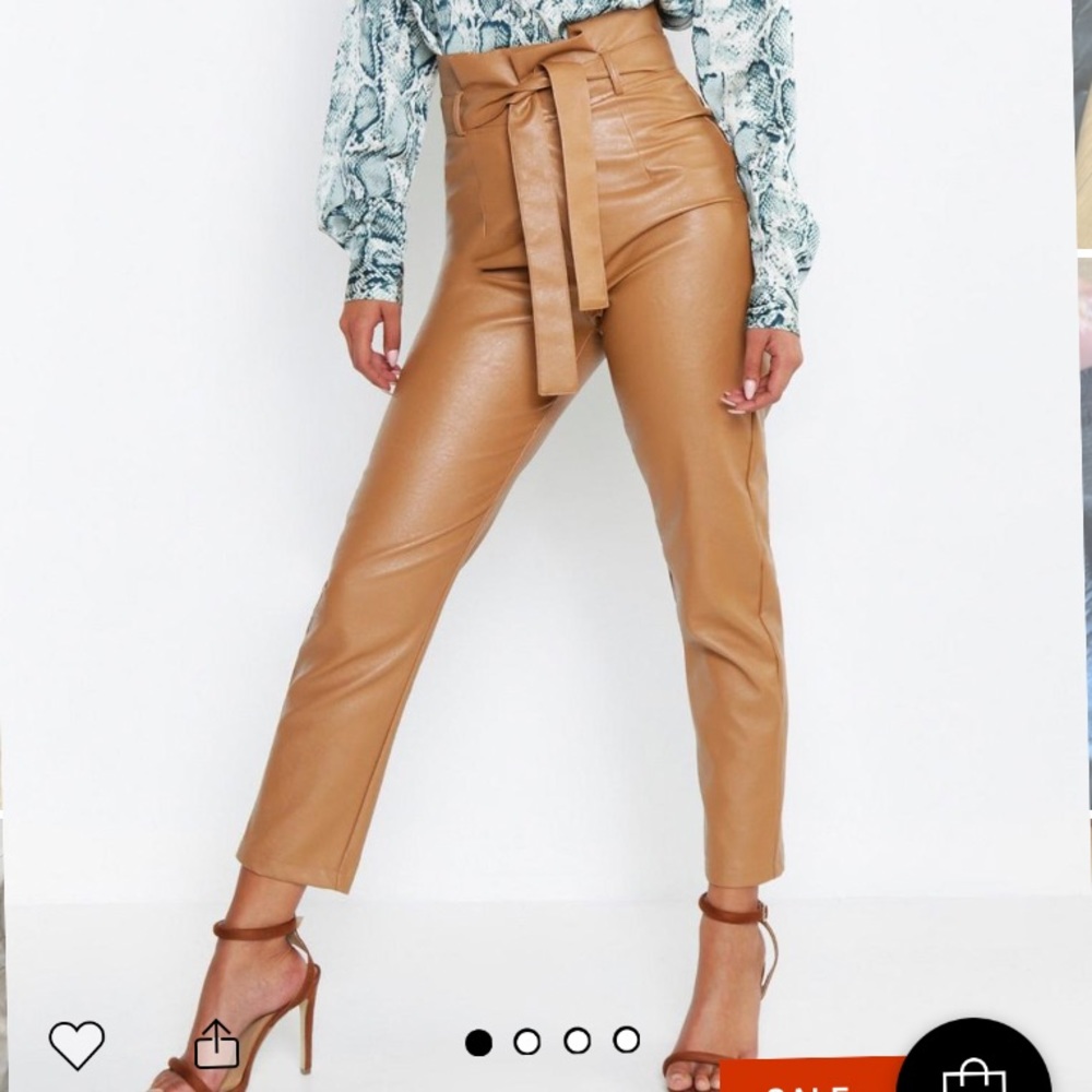 Boohoo leather light brown paperboy high waist pants size 8